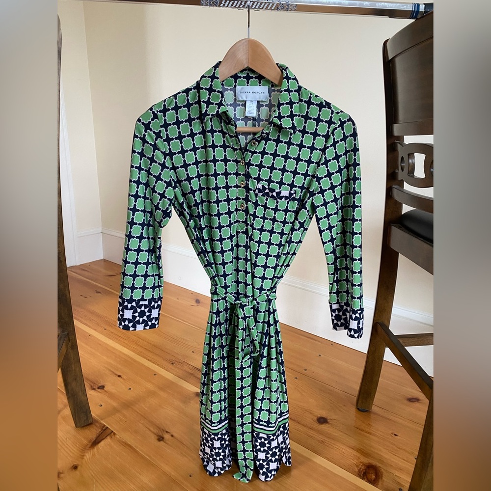 Donna Morgan Green & Blue Mid-Length Small Dress w Matching Tie Waist 3/4-Sleeve